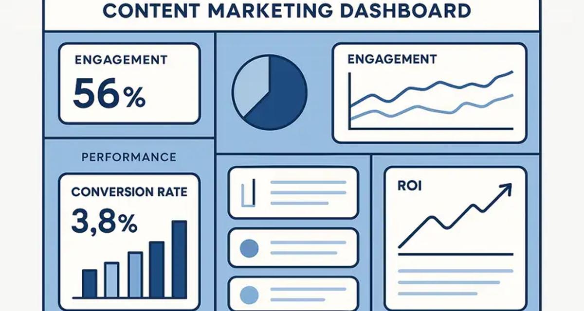Digital analytics dashboard showing content marketing KPI metrics, engagement graphs, conversion rates, and performance charts for business measurement.