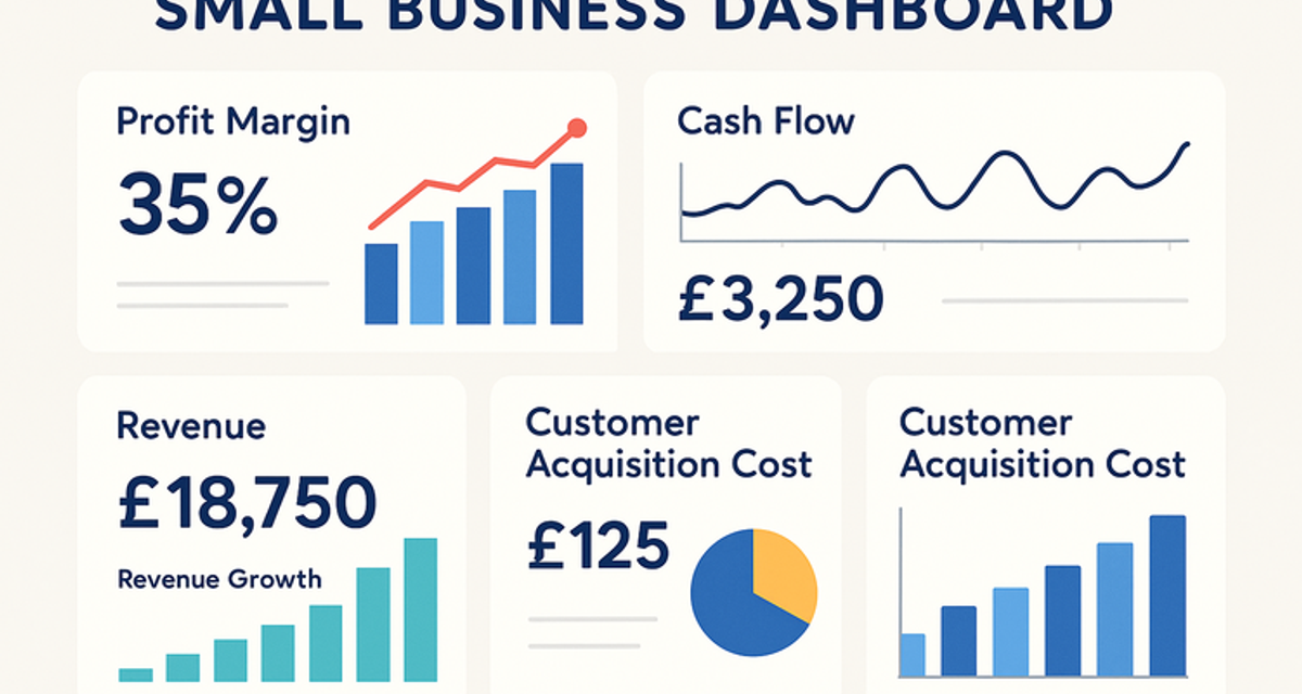 Digital financial dashboard displaying multiple KPI charts including profit margin graphs, cash flow indicators, revenue growth trends, and customer metrics with British pound symbols on a modern interface.