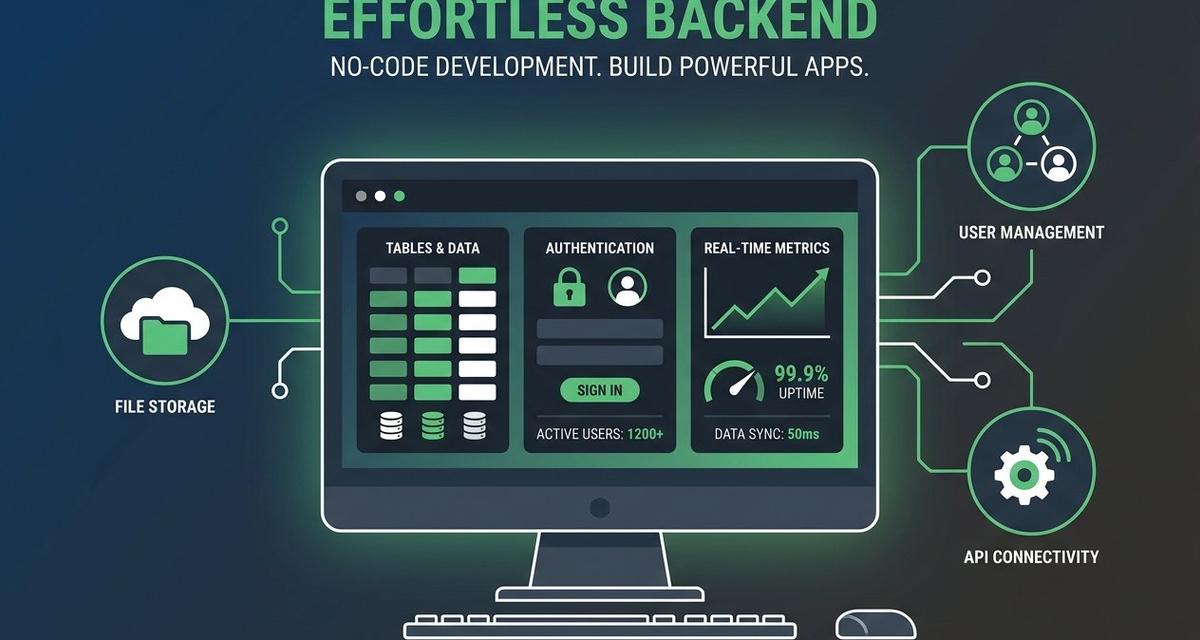 A computer monitor displaying a Supabase backend dashboard interface with database tables, user authentication panels, and real-time data metrics, surrounded by icons representing storage, APIs, and no-code app building tools on a dark gradient background.