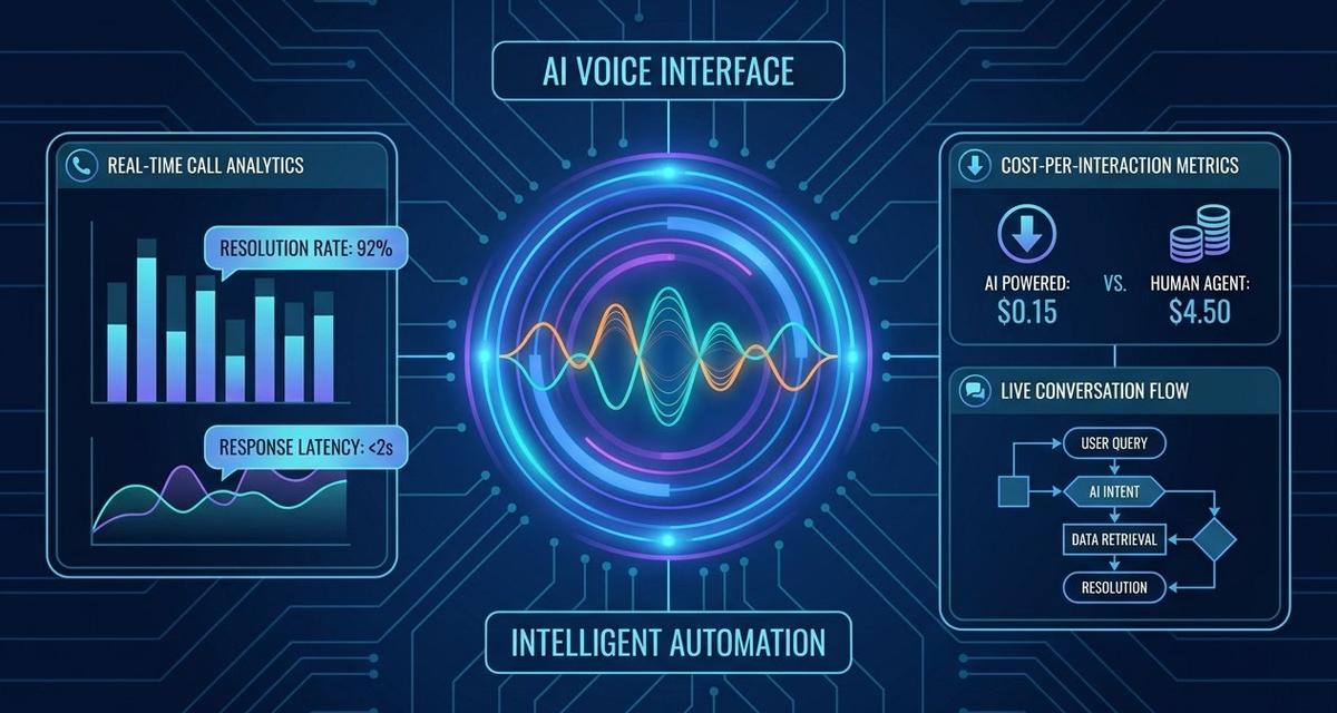 A dark-themed digital dashboard displaying an AI voice agent interface with animated speech waveforms, real-time call resolution statistics, cost-per-interaction metrics, and a visual conversation flow diagram on interconnected UI panels.