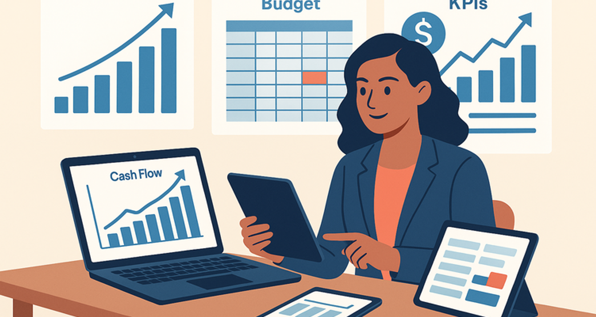 Business owner smiling while analyzing financial charts and cash flow data on digital devices, with upward-trending graphs and budget spreadsheets visible on screen.