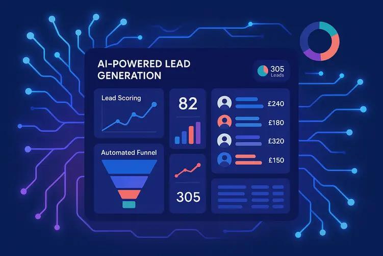 Digital dashboard displaying AI lead generation metrics with neural network overlay, showing lead scoring graphs, conversion funnels, and automated prospecting analytics in blue and purple tones.