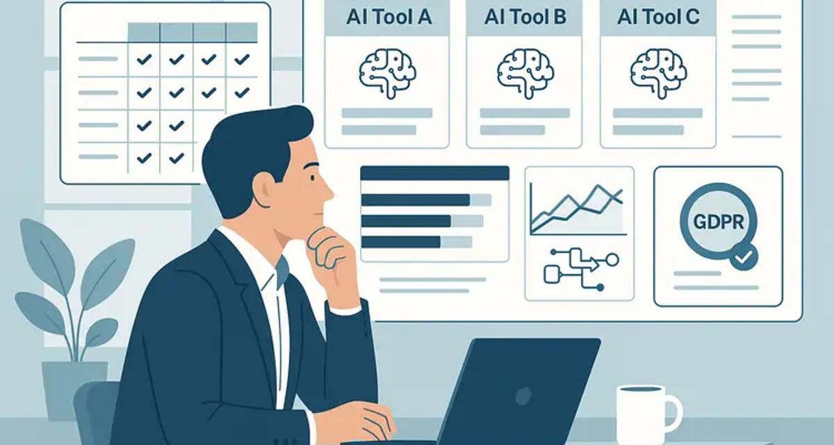 Business professional analyzing AI tool comparison dashboard displaying evaluation metrics, GDPR compliance indicators, scalability scores, and vendor selection criteria on multiple digital screens.