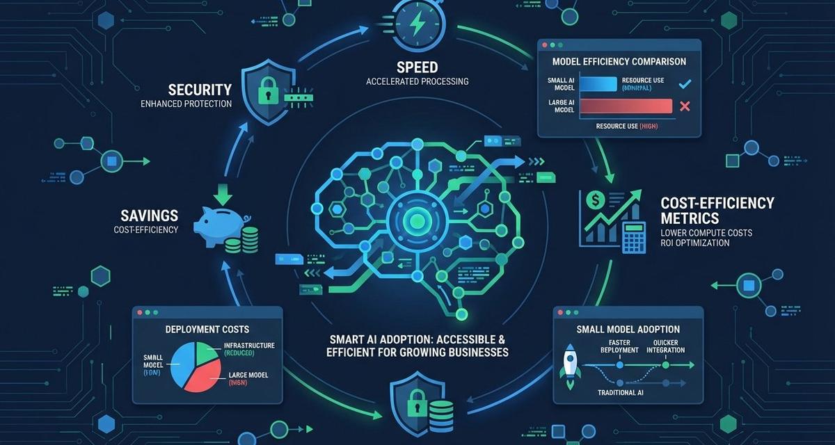 A glowing compact neural network surrounded by icons representing cost savings, data security, and fast processing speed, set against a dark digital background with floating data nodes in blue and green.