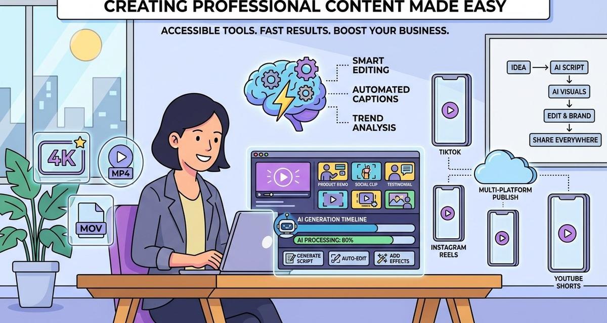 A small business owner at a modern desk using a laptop displaying an AI video generation interface, surrounded by glowing holographic icons of vertical video frames, 4K resolution symbols, and social media platform logos against a bright, professional workspace background.