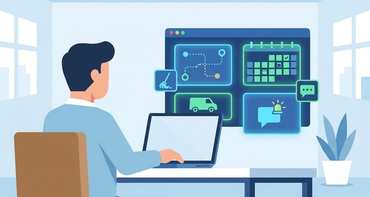 A cleaning business owner reviewing an AI dashboard on a laptop showing optimised route maps, staff scheduling grids, and automated client chat notifications in a bright modern office.