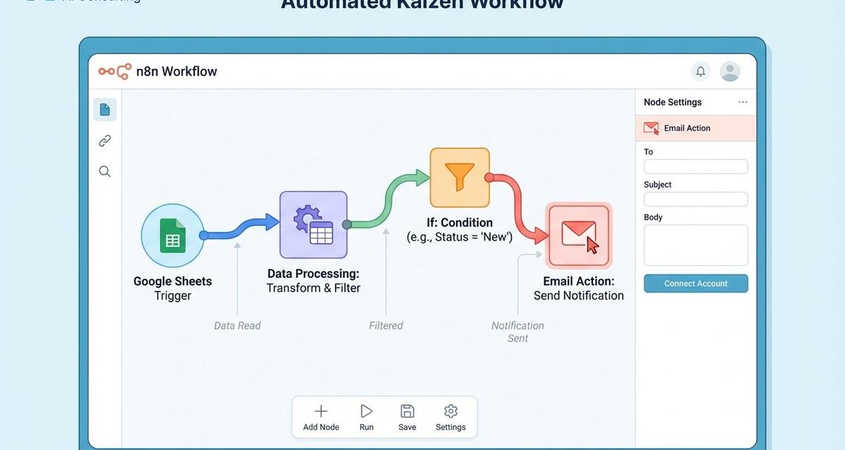 N8n workflow automation diagram showing connected nodes flowing from Google Sheets trigger through processing steps to email notification action in a visual no-code interface.