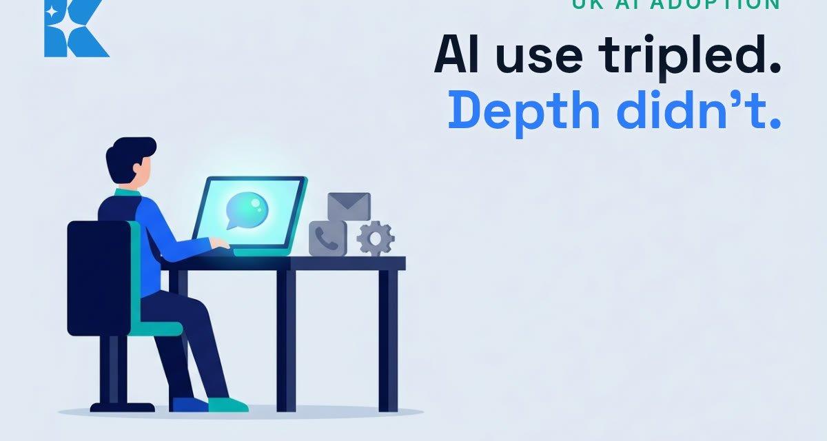 UK small business owner using one AI chat tool while other office tools sit unused on the desk