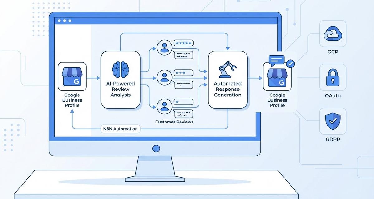 Computer monitor displaying an N8N automation workflow dashboard with interconnected nodes linking Google Business Profile review monitoring to AI-powered response generation, surrounded by icons representing OAuth security, star ratings, and compliance shields on a clean blue workspace.