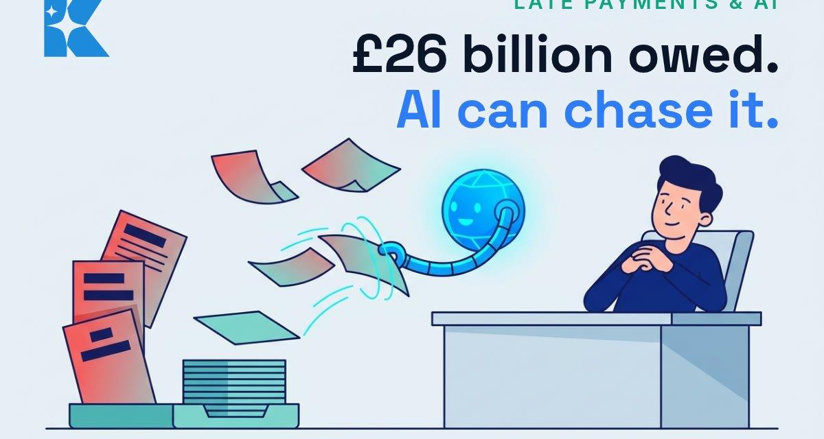 Illustration of a small business owner watching an AI assistant sort a stack of overdue invoices into a neat, paid pile