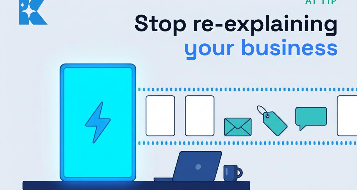 Flat vector illustration of a glowing blue template card feeding identical documents, an envelope, a price tag and a speech bubble beside a laptop and mug
