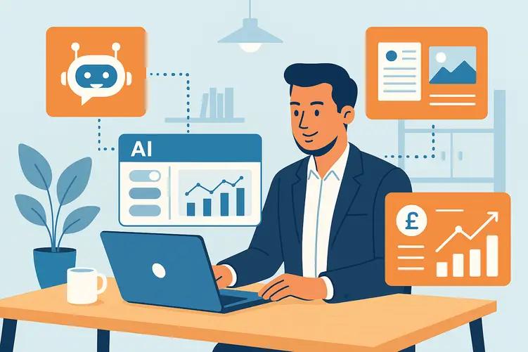 Small business owner smiling while working on laptop with AI dashboard showing chatbot, content creation, and bookkeeping automation tools that save time and boost productivity.