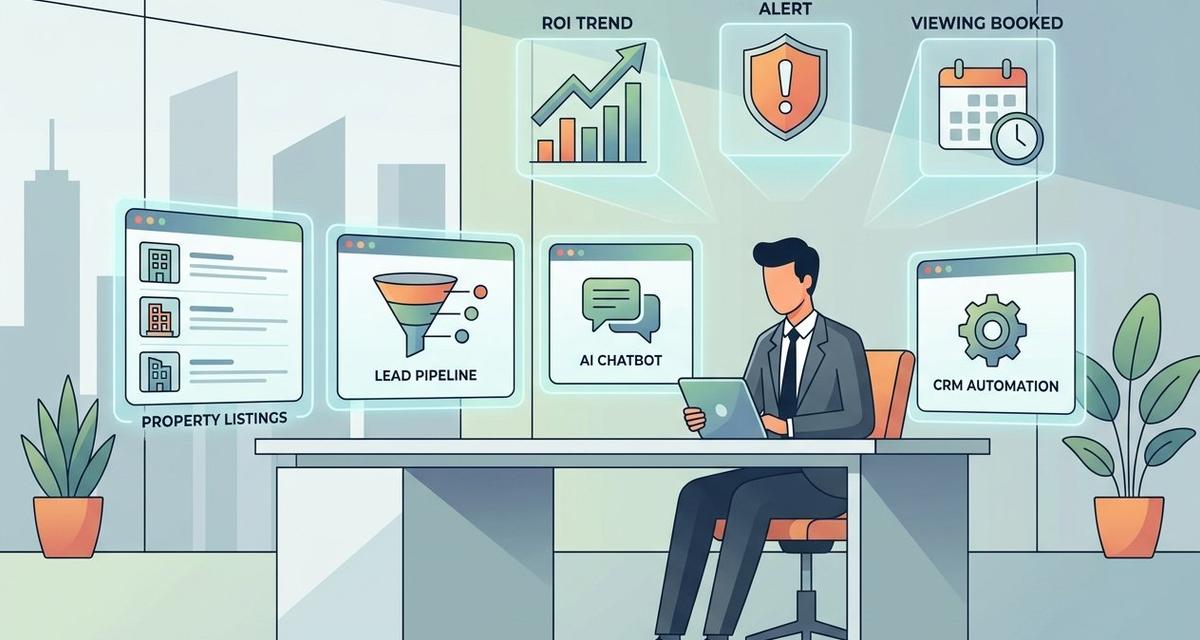 A professional estate agent working at a modern desk with multiple screens showing AI property listing dashboards, CRM automation pipelines, chatbot interfaces, and upward-trending ROI graphs in a sleek, tech-forward office environment.