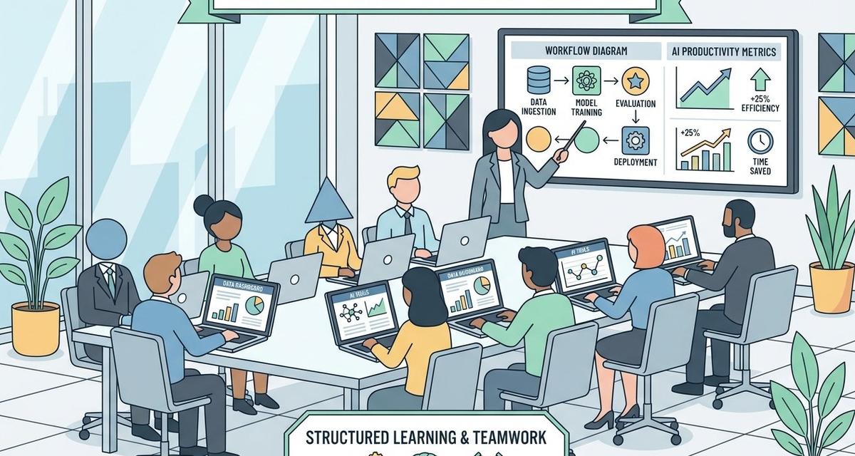 A diverse team of office professionals sitting around a conference table with laptops open, participating in an AI training workshop led by a presenter pointing to a screen displaying workflow charts and productivity data.