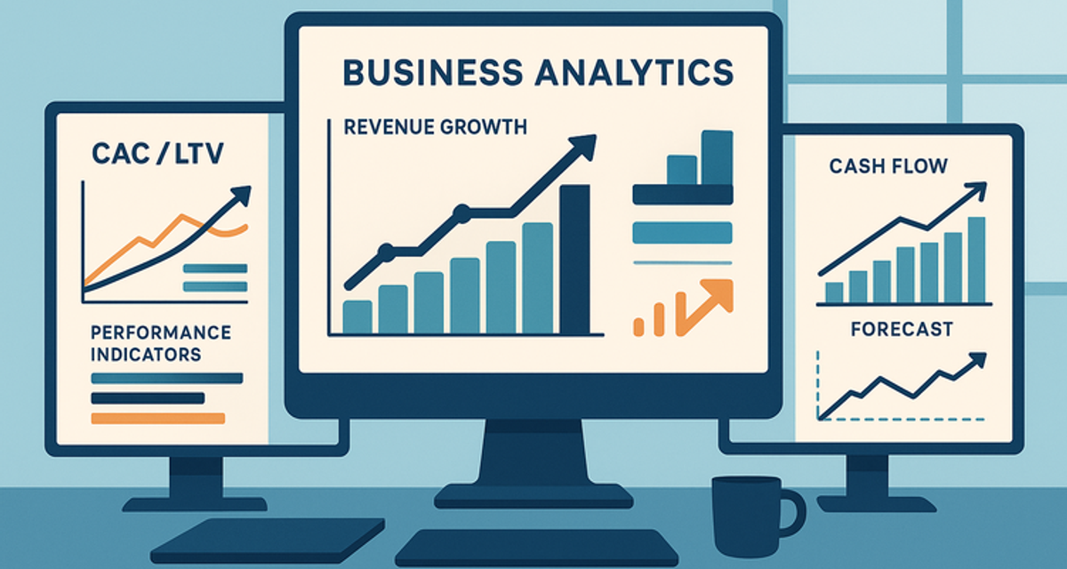 Modern business dashboard showing upward trending financial charts, growth metrics, and cash flow projections on computer monitors in a professional office environment.