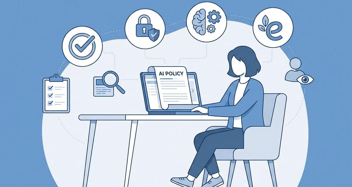 A small business owner reviewing an AI governance policy on a laptop at a modern desk, with floating icons representing data privacy shields, compliance checkmarks, and human oversight symbols in a blue and white colour scheme.