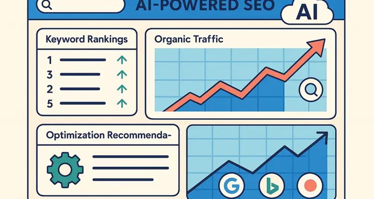 Digital dashboard showing AI SEO analytics with rising traffic graphs, keyword data, and optimization metrics for small business search engine performance.