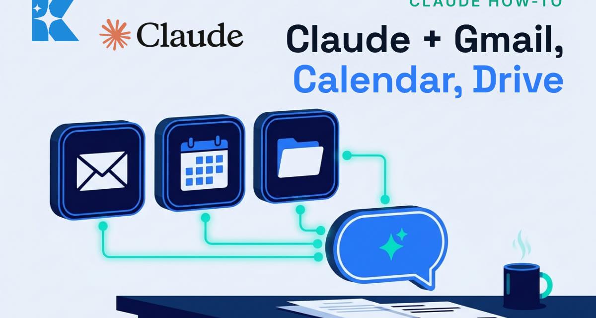 Illustration of email, calendar and folder app tiles connected to a Claude chat bubble on a desk, with the Claude logo