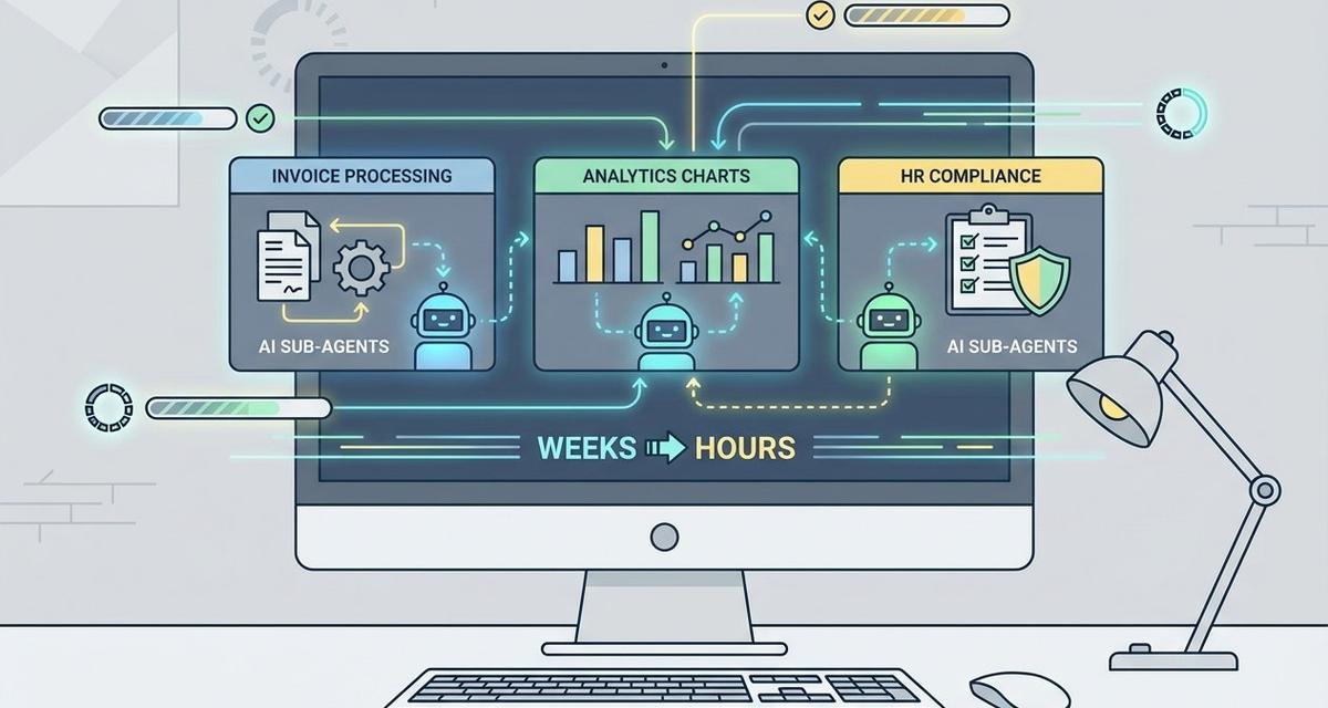 A widescreen monitor displaying an AI automation dashboard with interconnected panels for invoice processing, analytics, and HR compliance, surrounded by glowing data flow lines representing rapid enterprise workflow deployment.