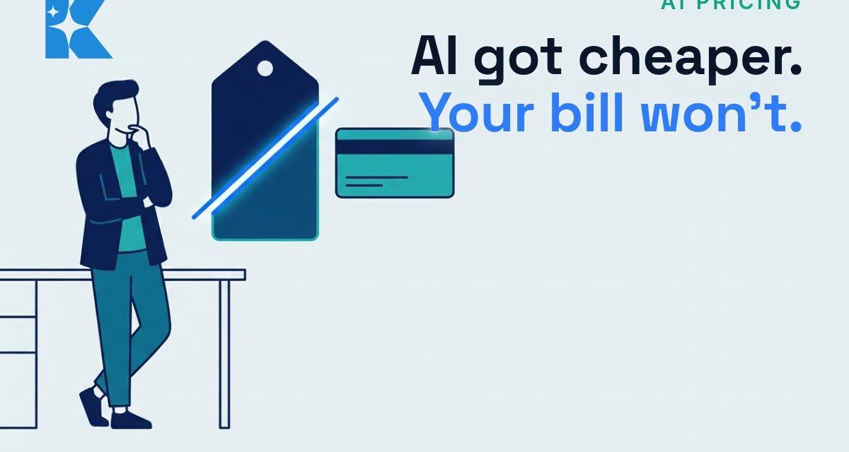 Illustration of a small business owner looking at a large price tag cut in half beside an unchanged invoice card, representing AI price cuts versus flat software subscriptions
