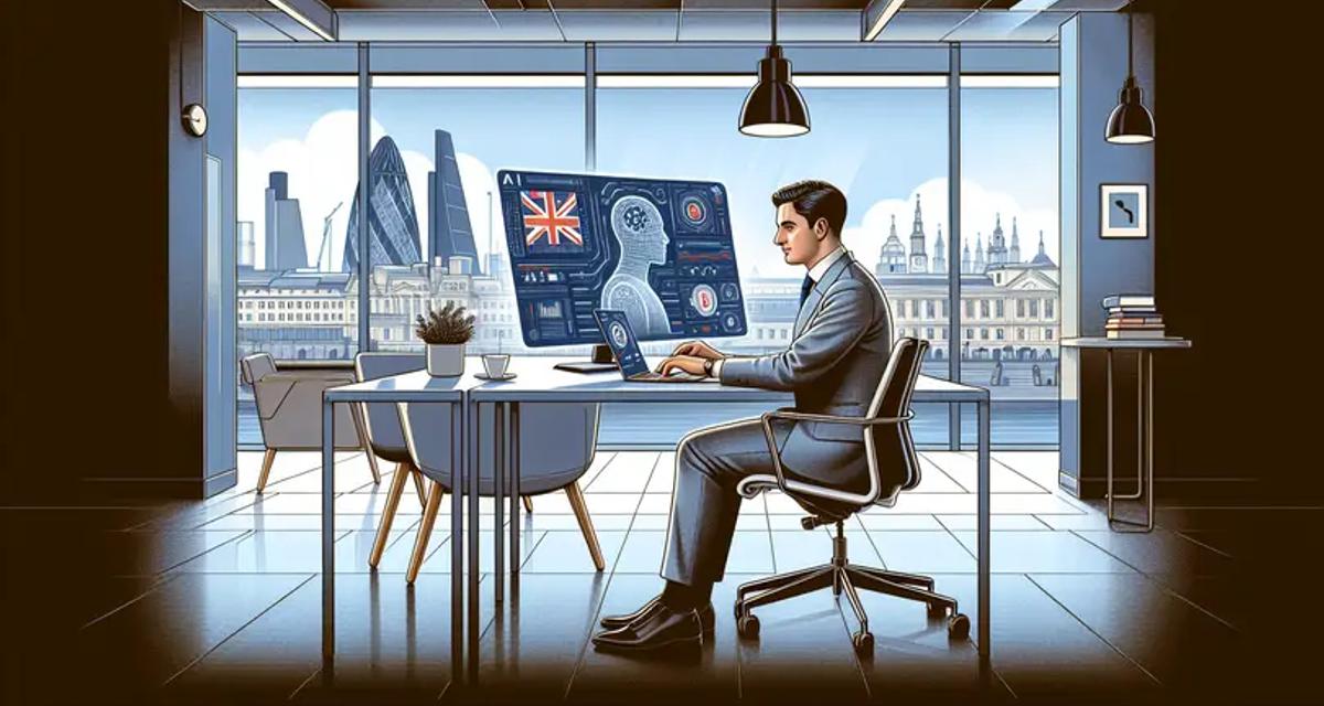 A UK small business owner working on a laptop with AI tools interface displayed on screen in a modern British office setting