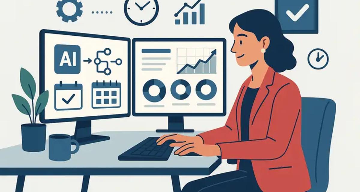 Professional virtual assistant at desk with computer screens showing AI automation tools, scheduling software, and business growth analytics charts with upward trending arrows.