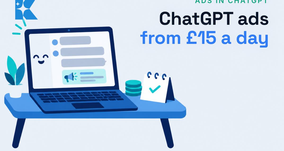 Flat illustration of a laptop showing a chat window with a small advert card, beside coins and a calendar tick
