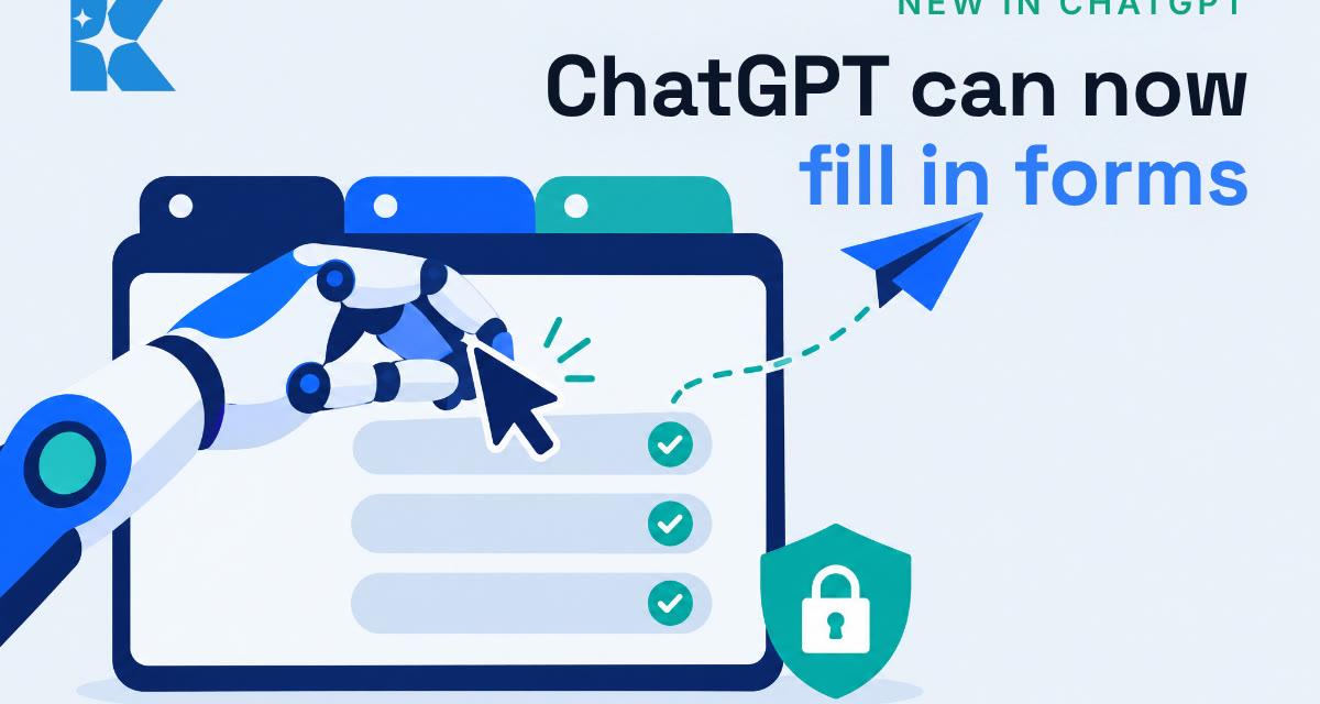 Flat illustration of a robot hand filling in a form in a browser window with a padlock shield beside it
