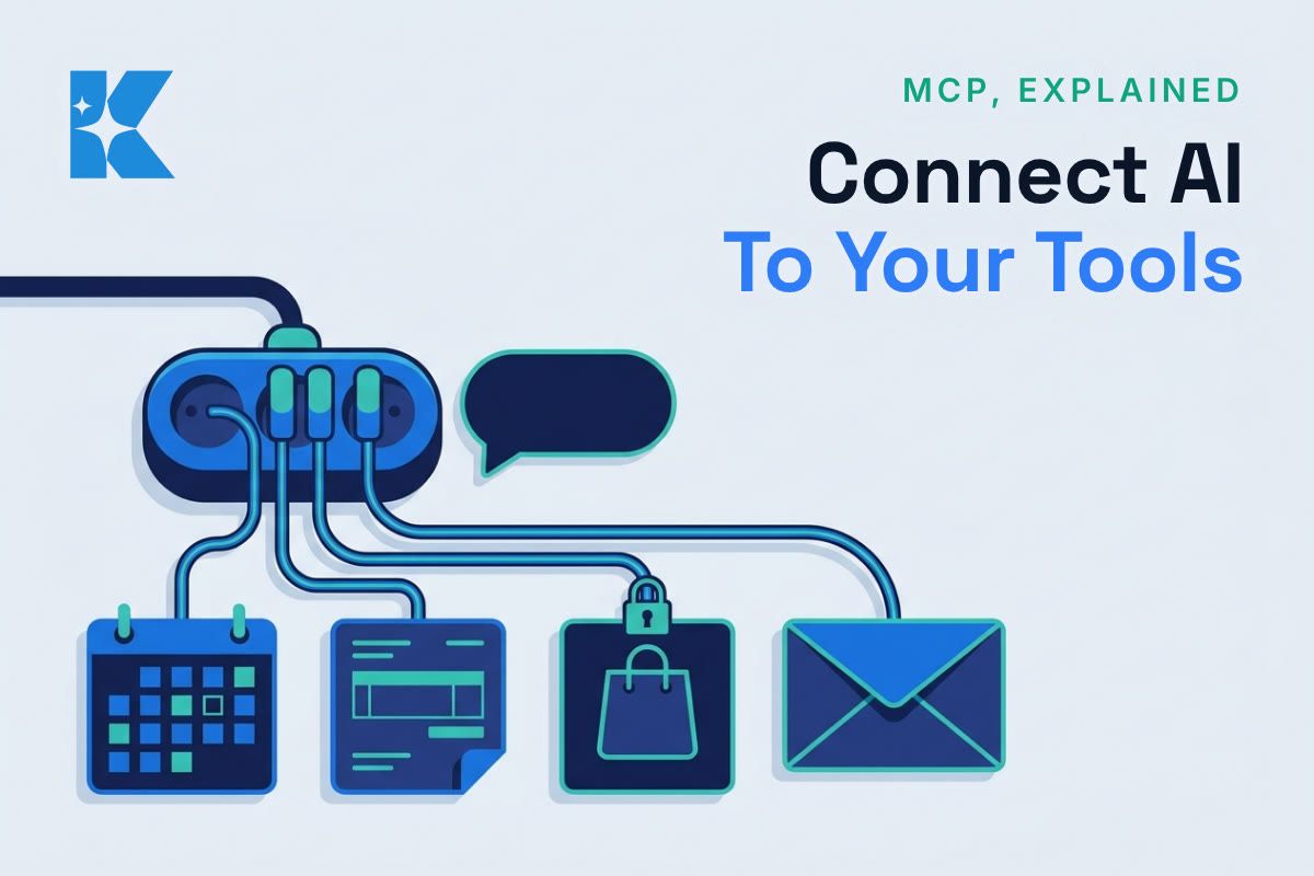 Flat illustration of a power strip hub connecting an AI chat bubble to calendar, invoice, shopping bag and email tiles, with a padlock on one cable