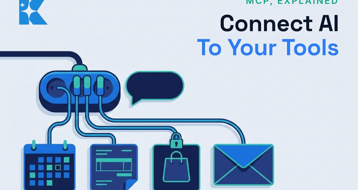 Flat illustration of a power strip hub connecting an AI chat bubble to calendar, invoice, shopping bag and email tiles, with a padlock on one cable
