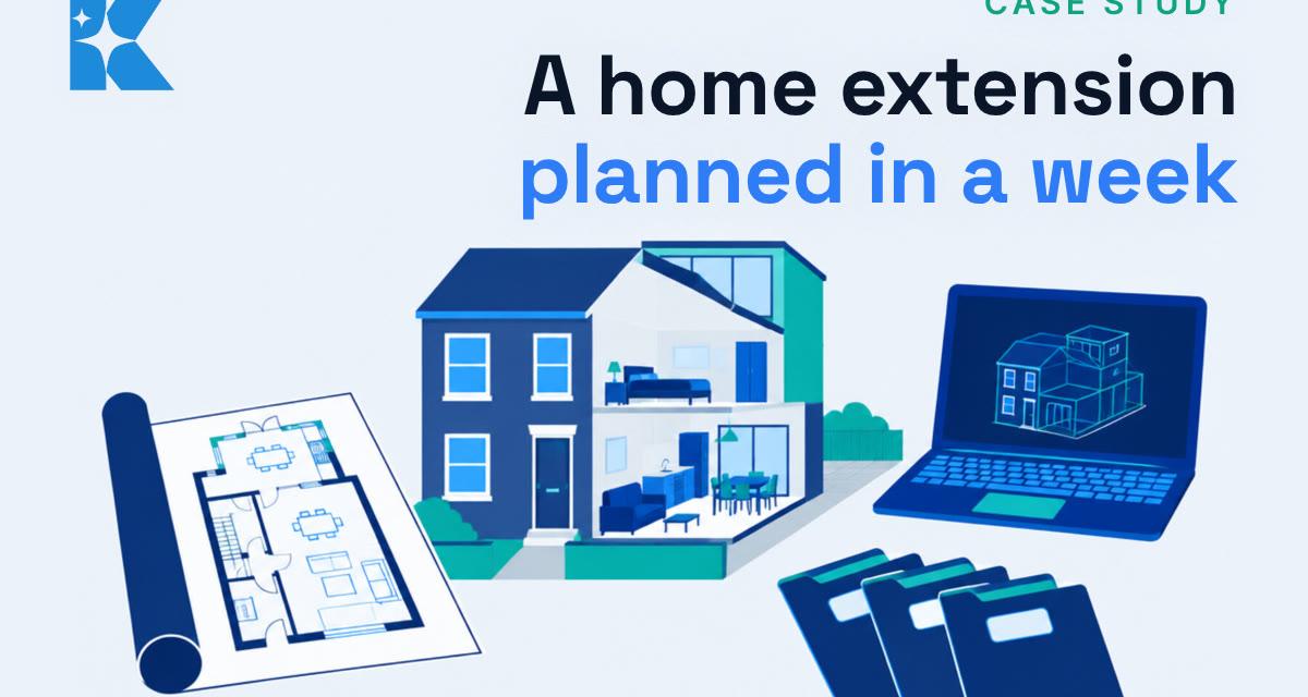 Flat illustration of a terraced house cutaway with a rear extension, a rolled floor plan, a laptop showing a 3D model and three document folders