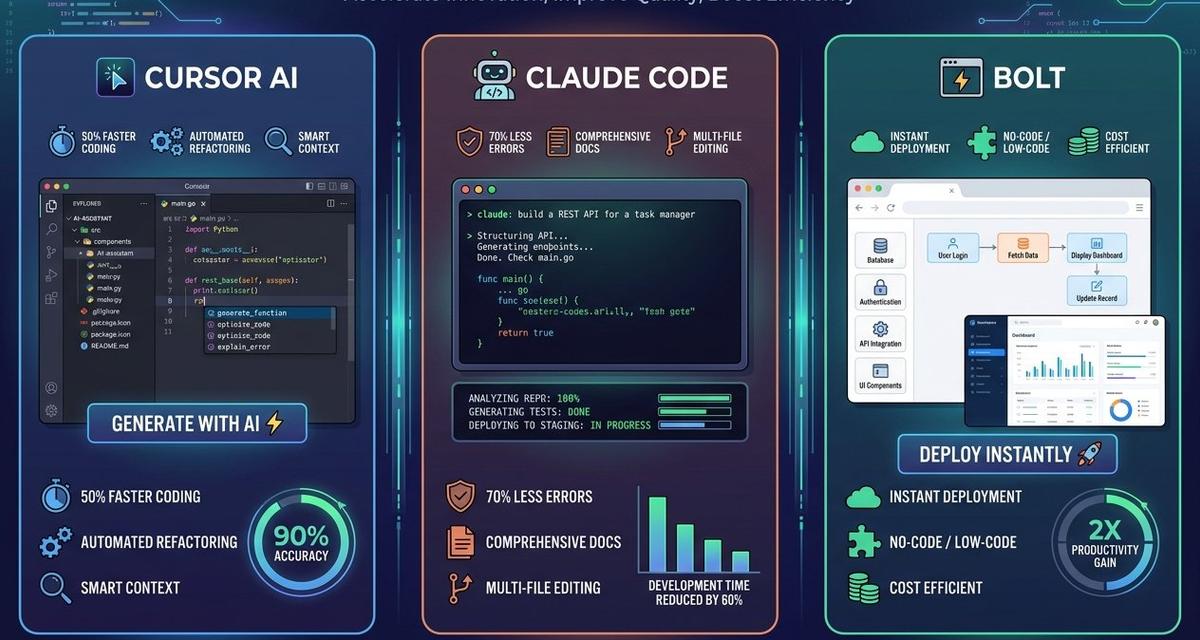 A dark-themed split-panel graphic comparing three AI coding tools — Cursor AI shown as a VS Code IDE interface, Claude Code displayed as a terminal window, and Bolt represented as a browser-based app builder — surrounded by glowing code snippets and productivity statistics.