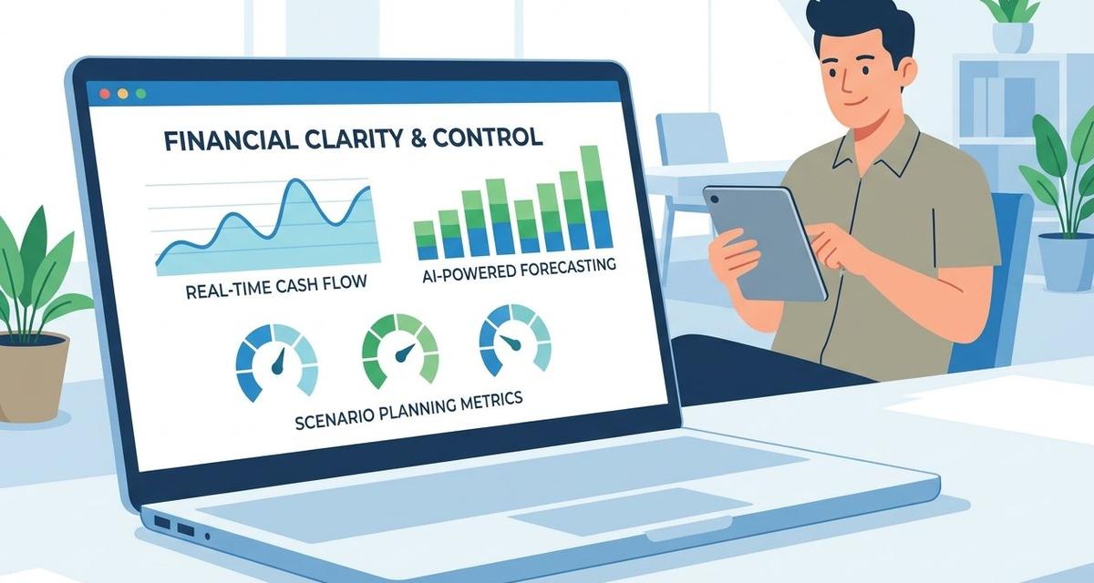 A small business owner sitting at a desk reviewing an AI-powered cash flow forecasting dashboard on a laptop, displaying colourful line graphs, monthly inflow and outflow projections, and scenario planning metrics in a modern office setting.