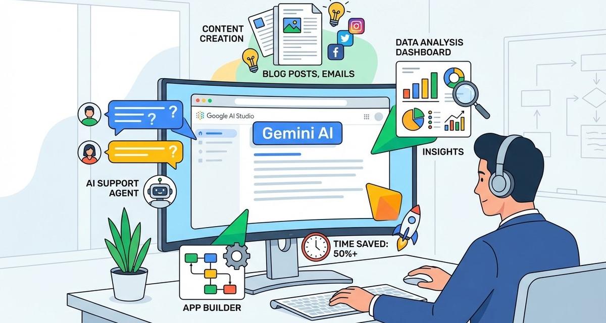A professional interacting with the Google AI Studio browser interface on a desktop monitor, surrounded by floating icons of content creation tools, customer support chatbots, competitive analysis charts, and a vibe coding app builder, all set against a clean, modern office background with blue and white tones.