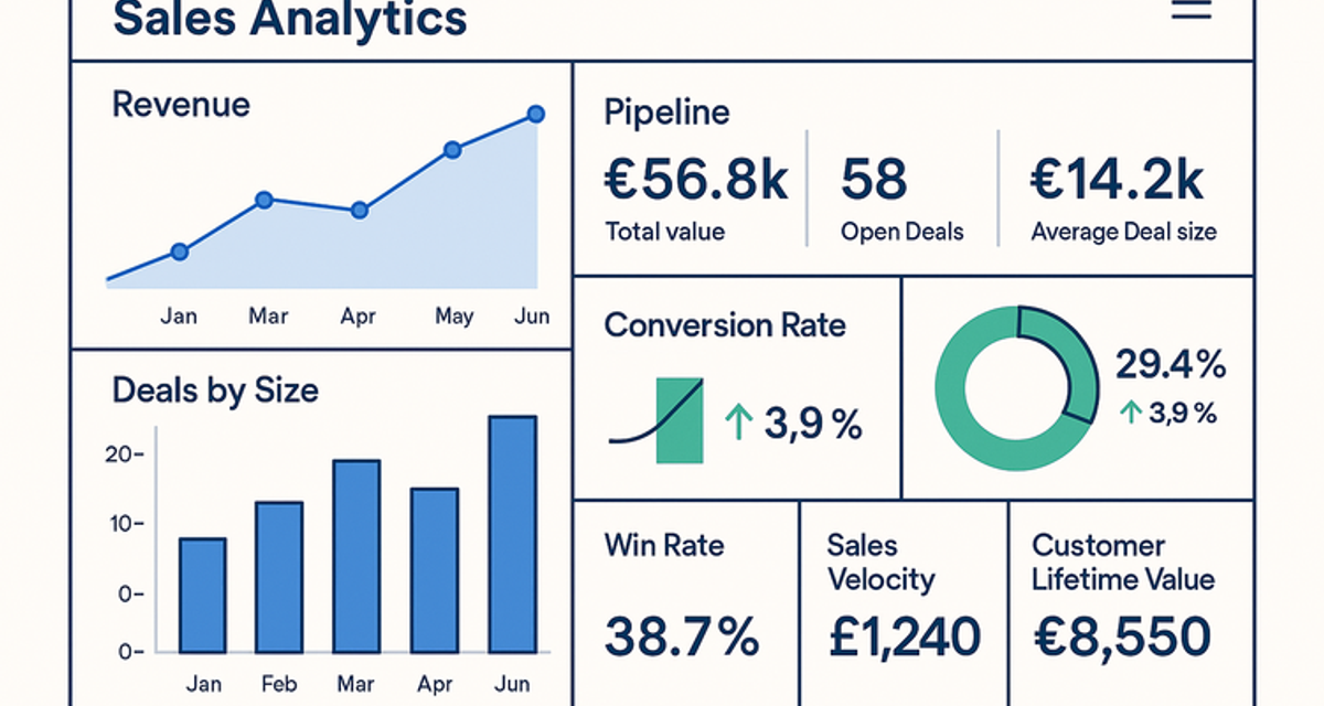 Modern sales analytics dashboard interface showing colorful graphs and charts with revenue trends, pipeline metrics, win rates, and KPI performance indicators displayed on a digital screen with upward trending data visualizations.
