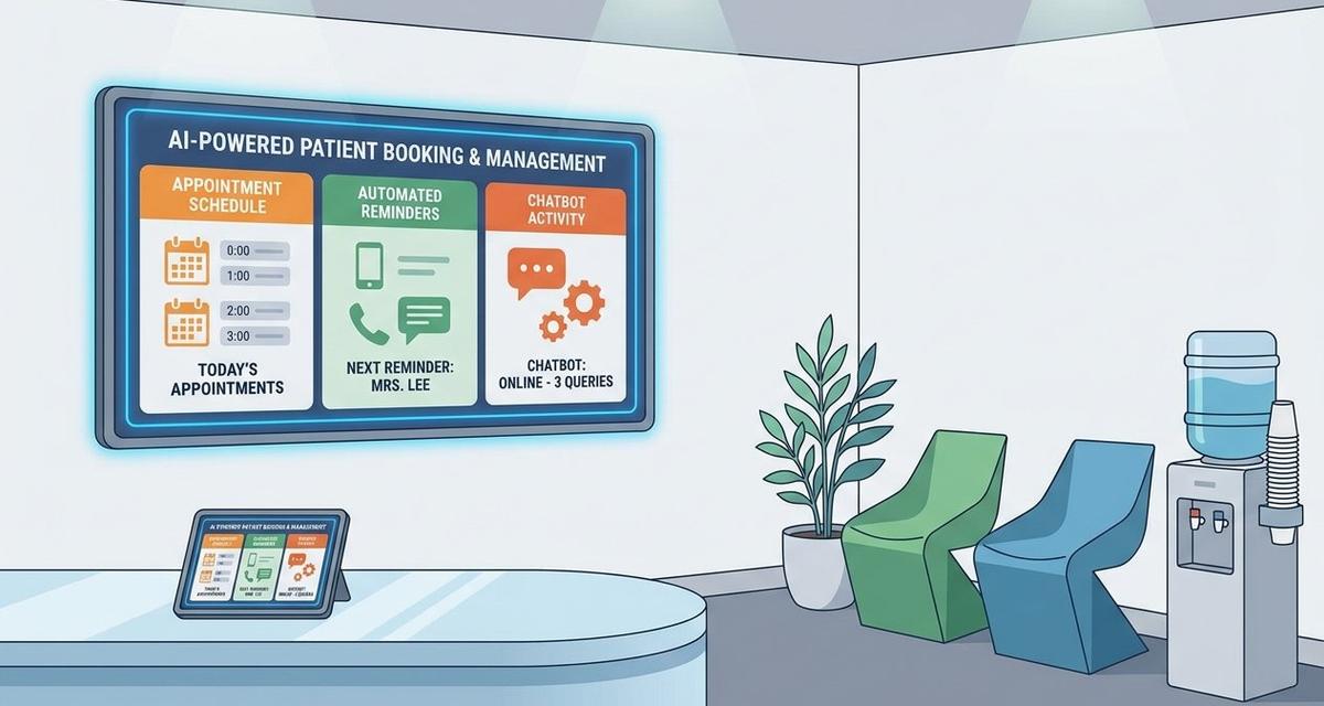 A dental receptionist at a bright, modern front desk viewing an AI-powered practice management dashboard on a tablet, displaying automated appointment reminders, patient booking confirmations, and recall notifications.