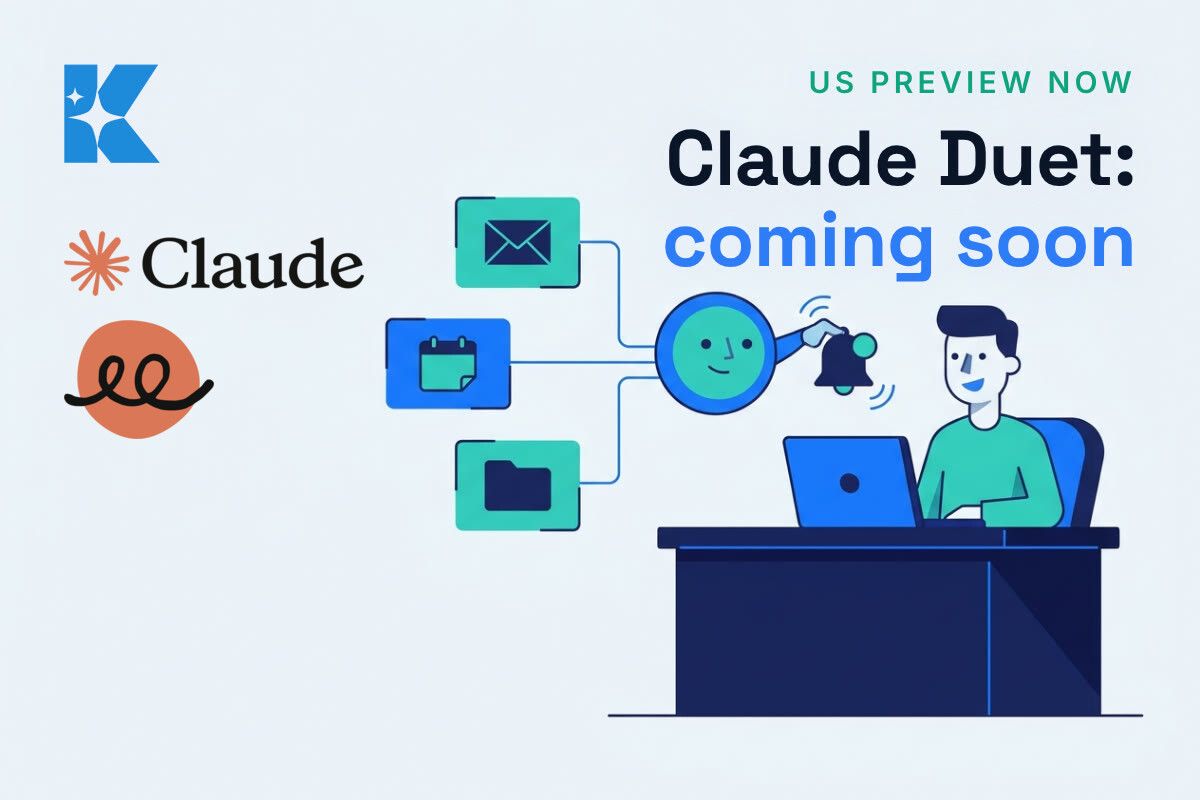 Flat illustration of a business owner at a desk with an assistant icon linked to email, calendar and folder cards, with Claude and Claude Duet logos