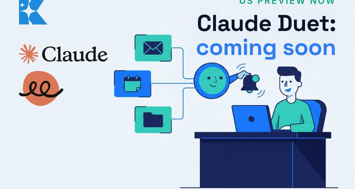 Flat illustration of a business owner at a desk with an assistant icon linked to email, calendar and folder cards, with Claude and Claude Duet logos