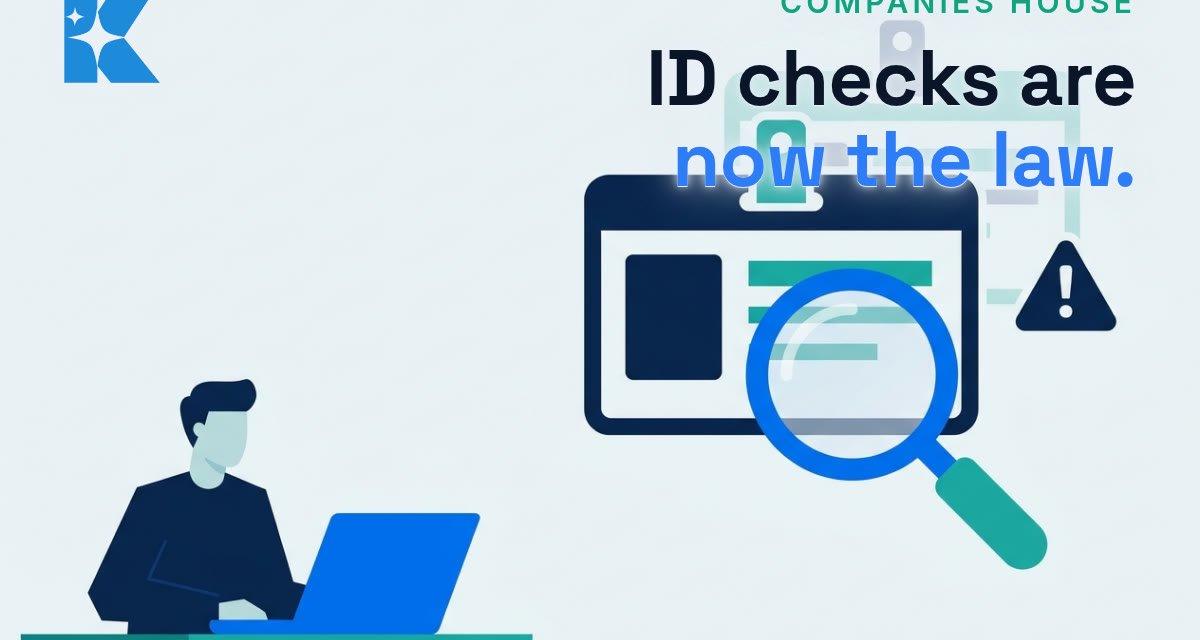 UK small business owner at a laptop beside a large ID card icon under a magnifying glass with a warning triangle, illustrating Companies House identity verification and AI-driven document fraud