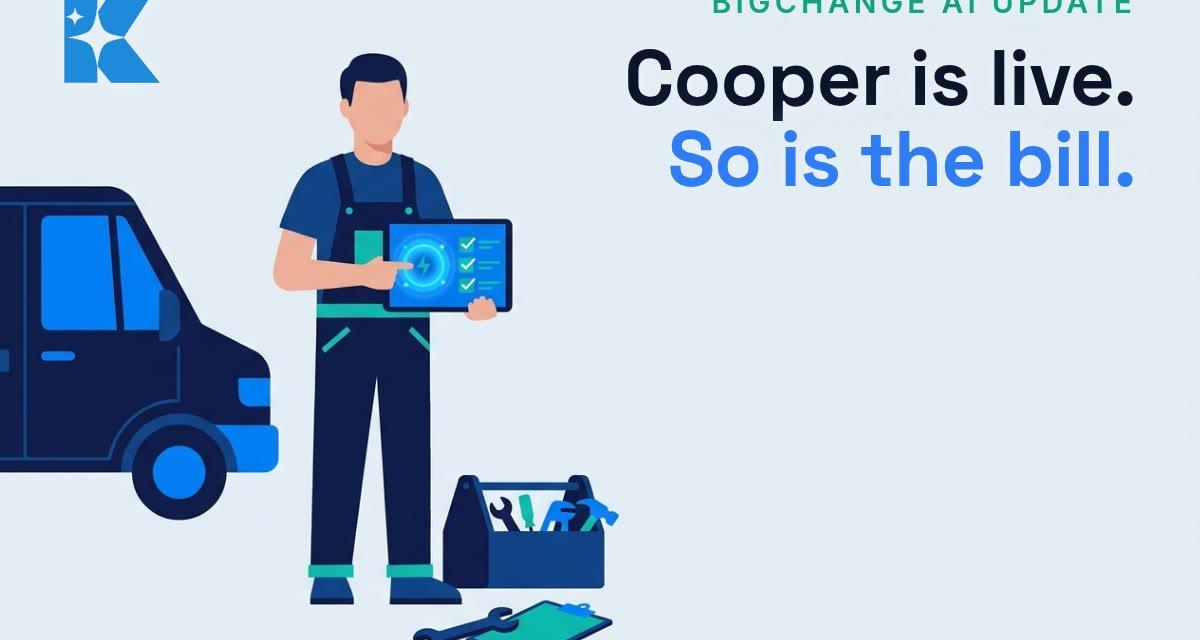 UK trades engineer holding a tablet showing the Cooper AI assistant beside a work van and toolbox