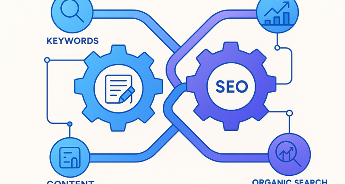 Digital illustration depicting content marketing and SEO as interconnected gears with surrounding icons for keywords, analytics graphs, and content strategy elements, representing an integrated marketing approach.
