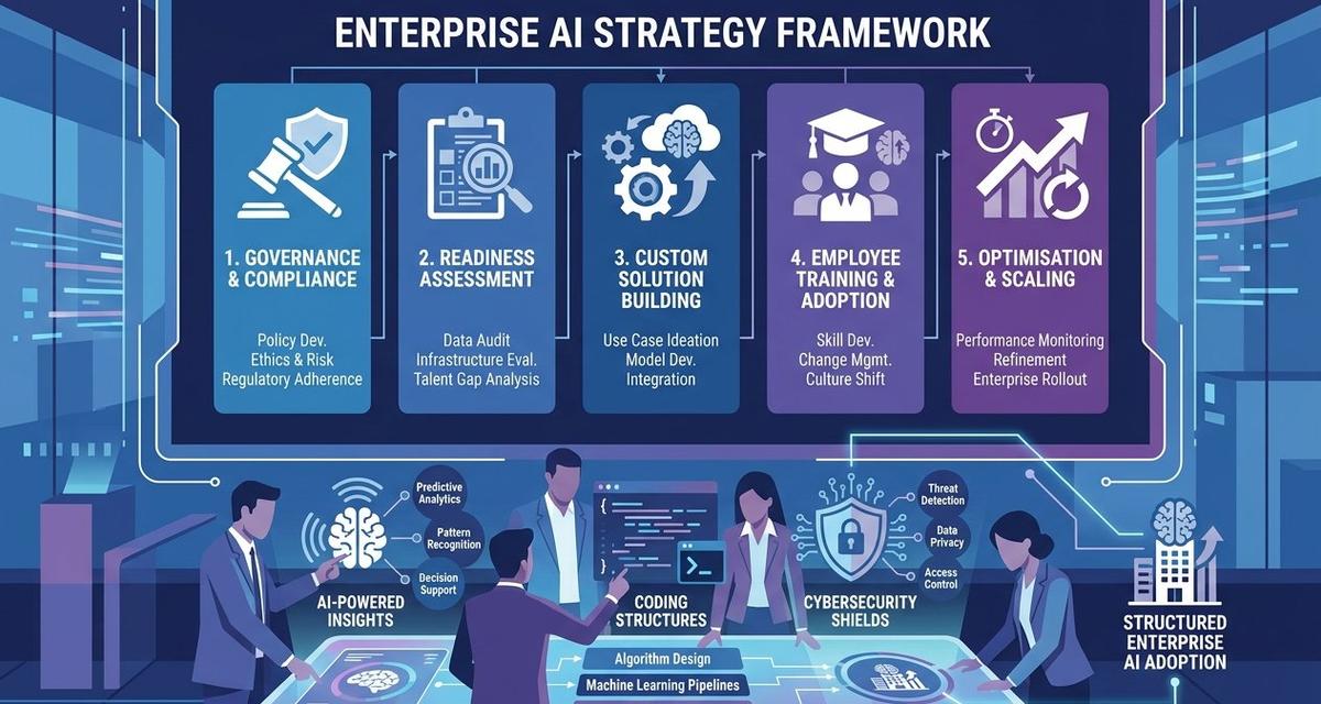 A corporate team collaborating around a futuristic digital dashboard displaying a five-pillar AI implementation framework with icons for governance, assessment, build, execution, and refinement, set against a dark blue and purple technological background.