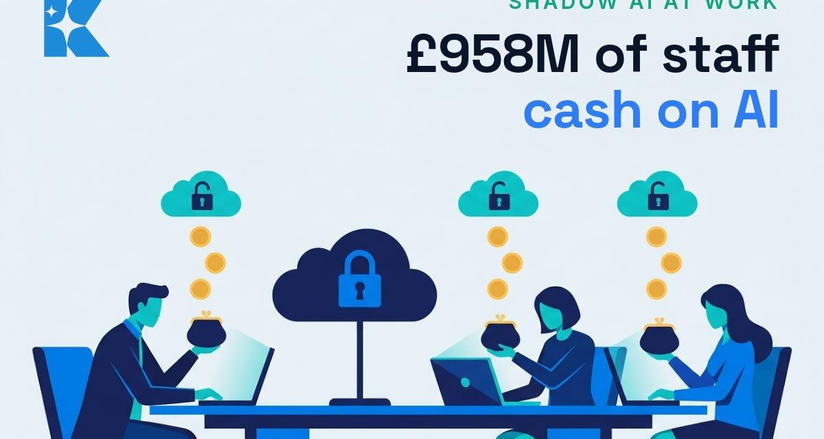 Illustration of office workers paying for AI tools from their own coin purses into separate open clouds, with one locked company cloud in the middle