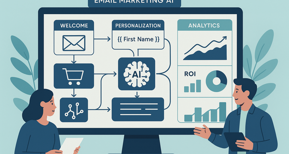 Digital dashboard displaying email marketing AI automation tools with analytics graphs, personalized email workflows, and behavioral trigger icons on a modern computer interface.