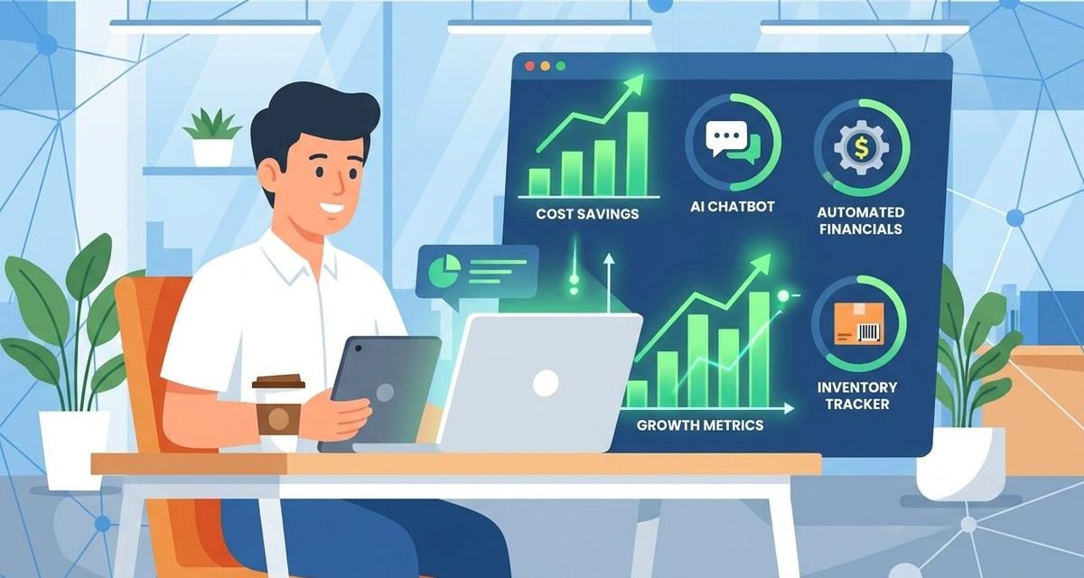 A small business owner reviewing an AI-powered cost management dashboard on a laptop, displaying green upward-trending savings charts, chatbot icons, and automated financial metrics in a modern office setting.