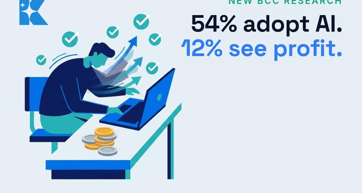 A UK small business owner working quickly at a laptop surrounded by productivity checkmarks while a small stack of coins stays flat, illustrating the AI productivity-profit gap