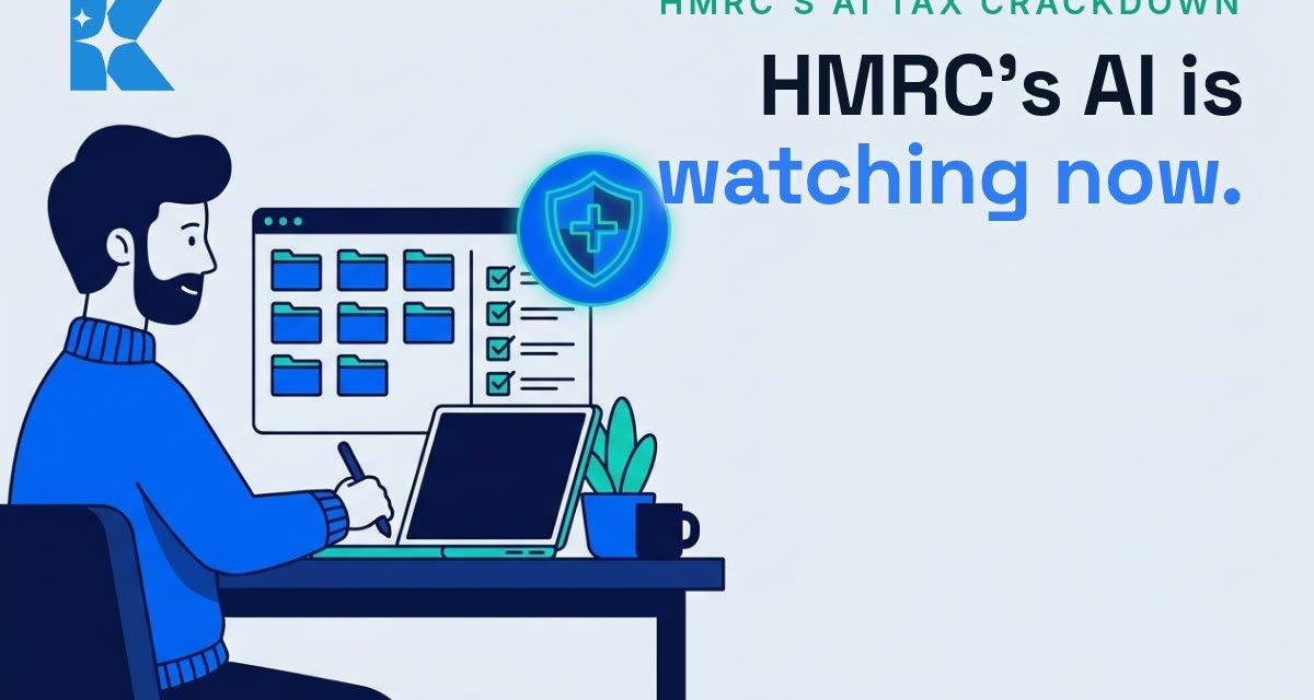 UK small business owner organising digital records and folders on a laptop, with a glowing shield icon, illustrating AI-assisted bookkeeping ahead of HMRC's AI-powered tax compliance checks