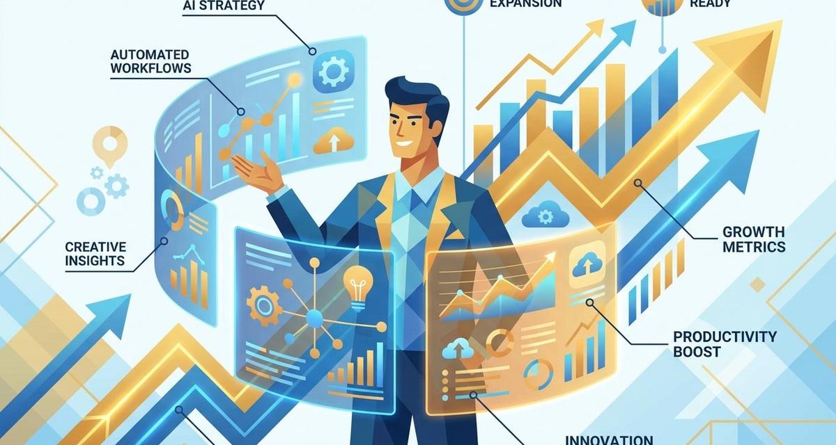 A professional worker surrounded by glowing AI-powered digital dashboards and floating workflow charts, representing human-AI collaboration and amplified workplace productivity.