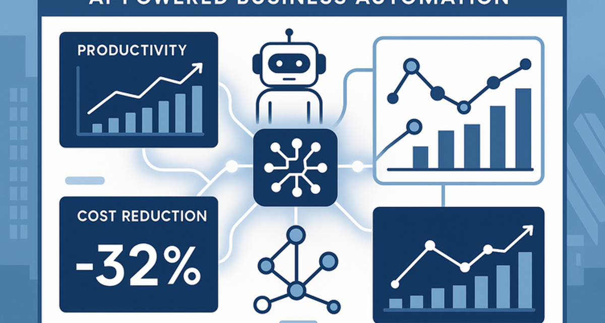 Digital dashboard displaying AI automation metrics including 40% productivity increase and 30% cost reduction graphs, with interconnected icons representing chatbots, supply chain analytics, and machine learning workflows on a modern blue interface.