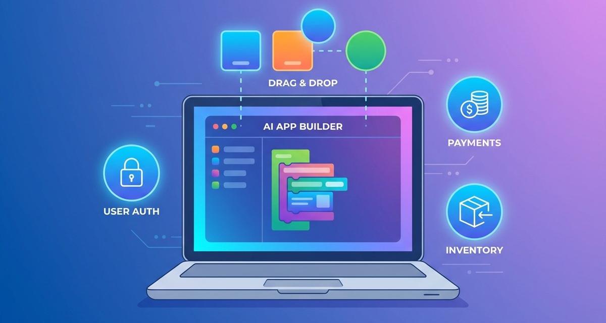 A laptop on a modern desk displaying a colourful no-code app builder interface with holographic icons for authentication, payments, and inventory floating above the screen against a blue-to-purple gradient background.